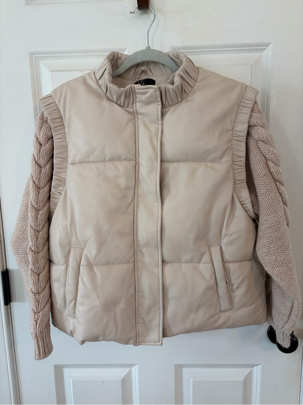 Unreal Fur Cream Quilted Puffer Vest With Knit Sleeves